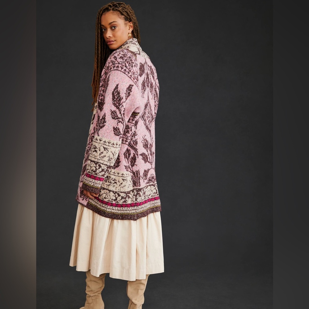 Anthropologie Jacquard Cocoon Cardigan Sweater Pink Cream Floral Bohemian Indie - Picture 4 of 10